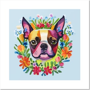 Boston Terrier Floral Design Posters and Art